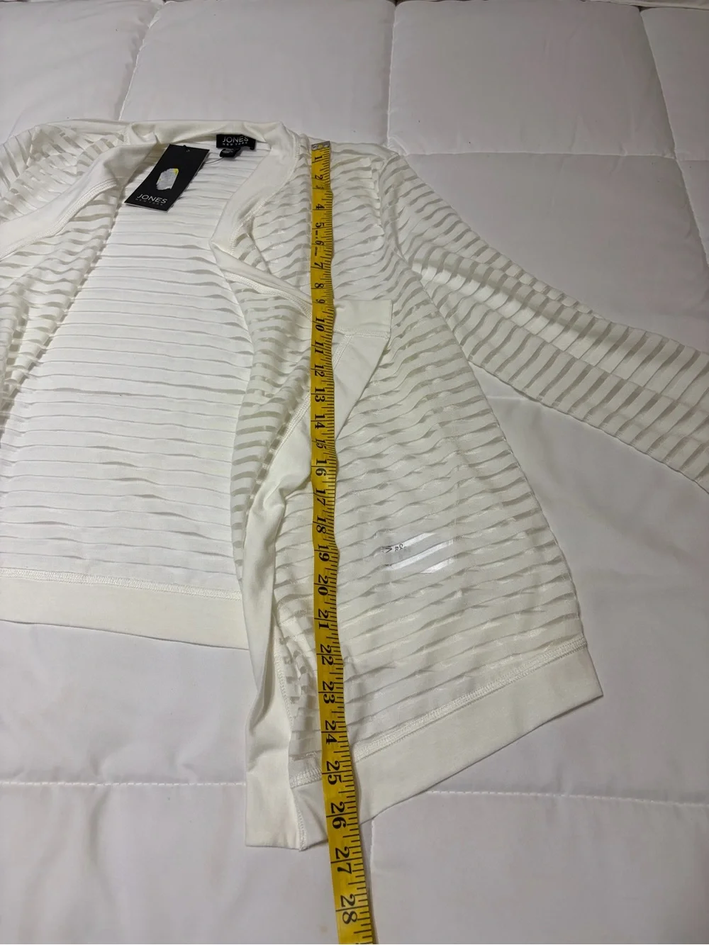 Jones New York White Sheer Striped Open-Front Cardigan